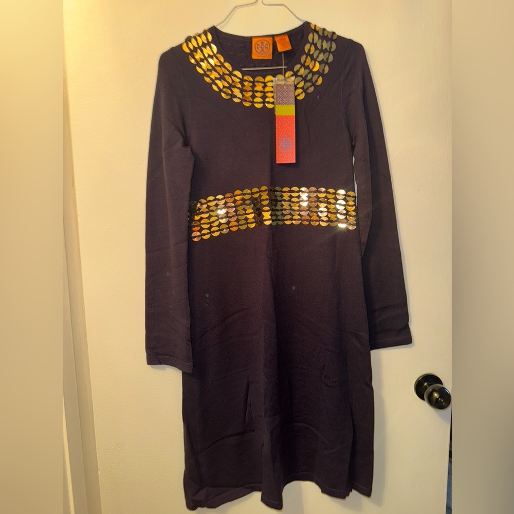 Vintage Tory Burch Gold Sequin Navy Wool Sweater Dress (Pailette) NWT/Size Small
